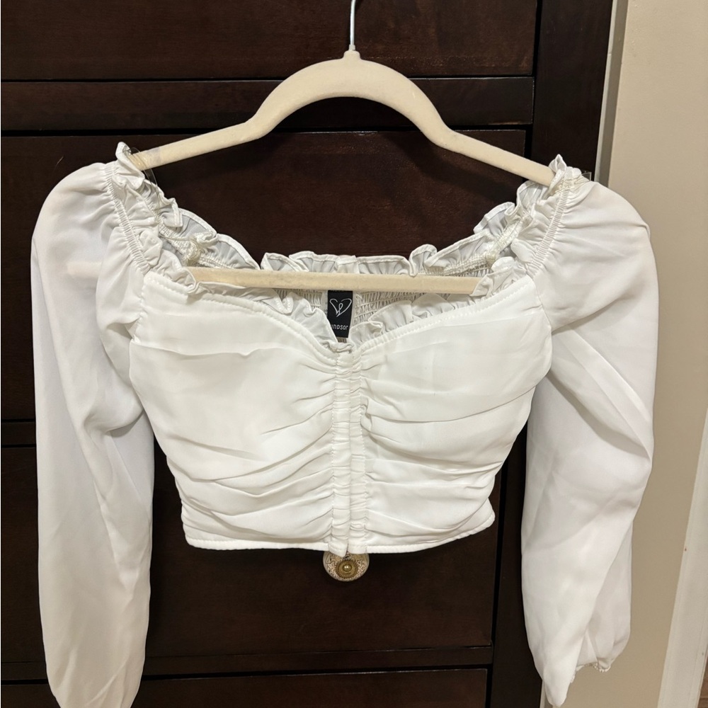 Windsor White Puff Sleeve Ruffled Blouse